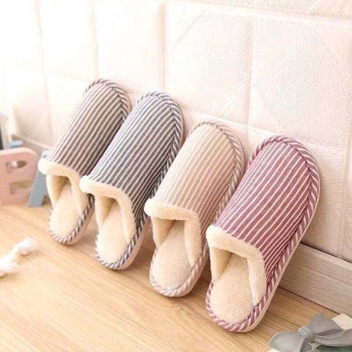 Korean Couple Cotton Slippers Half-Covered Heel Thermal Furry Indoor ...