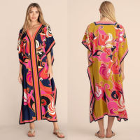 2023 คอวี Boho Maxi ชุดเซ็กซี่ผู้หญิงครึ่งแขนชายหาดเสื้อขนาดใหญ่พิมพ์ Kaftan ชุดว่ายน้ำ