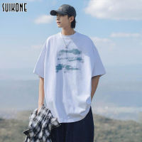 Suikone เสื้อยืดแขนสั้นผู้ชาย,เสื้อยืดพิมพ์ลายเมฆด้านบนเข้าได้ทุกชุดสไตล์เรียบง่ายสไตล์พอร์ตฤดูร้อน เสื ้อ ยืดผู้ชาย