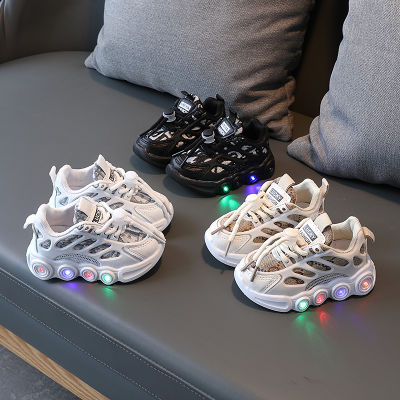 รองเท้าผ้าใบแฟชั่น LED สำหรับเด็กระบายอากาศได้ดี1-6ปีรองเท้ากีฬาลำลองสายรัด