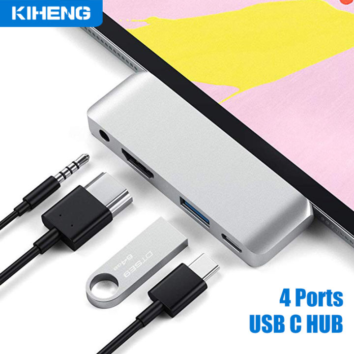 kiheng-4-in-1-usb-ชนิด-c-ฮับต่อพ่วงที่มีช่องเสียบ-aux-3-5มม-รองรับ4k-hdmi-สำหรับโปร1112-9-20192020แล็ปท็อป