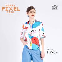 เสื้อผู้หญิง เสื้อเบลาส์แขนสั้นส่วน แบบสวม พิมพ์ลาย Happy Pixel-Fish ลายสีฟ้า สีส้ม แบรนด์ GSP (PAF6WH)