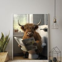 Sumanssa Highland Cow Wall Funny Animal Decor Modern Art Photo สำหรับตกแต่งบ้านห้องน้ำตกแต่งโปสเตอร์สำหรับห้องน้ำผ้าใบพิมพ์