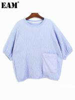 [EAM] Women Purple Pockets Big Size Pleated T-shirt New Round Neck Three-quatter Sleeve Fashion Spring Autumn 2023 1DF5186