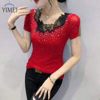 ➧YIMEI สวยงามกวางโจวเสื้อยืดผู้หญิงขนาดใหญ่แฟชั่นผู้หญิง2023ฤดูร้อนดีไซน์ใหม่ Sense ลูกไม้ V คอหญิง Hollow Hot เพชรเสื้อยืดหญิง