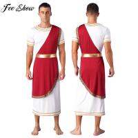 บุรุษกรีกโบราณโรมัน Toga Robe ธีมฮาโลวีนปาร์ตี้ซีซาร์ King คอสเพลย์เครื่องแต่งกายแขนสั้น R GOLD gown