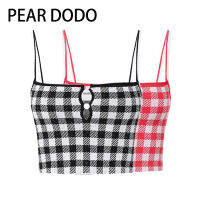 PEAR DODO เสื้อกั๊กสายเอี๊ยมลายสก็อตลายทแยงแขนกุดเปิดหลังเกาหลีสำหรับผู้หญิง