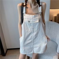 ✿❡☈Womens white denim Overalls Summer plus size cute student all-match loose dress1