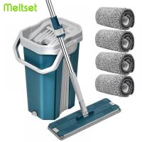 Microfiber Mop with Bucket Flat Cleaning Mop for Bathroom Home Floor Mops With Washable Microfiber Pad