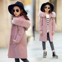 Baby Girls Pink Thick Large Fur Collar Woolen Coat Hooded Jacket Children Autumn Winter Clothes