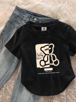 ۞ Black right shoulder short-sleeved t-shirt for women 2023 new summer niche design irregular short sweet top