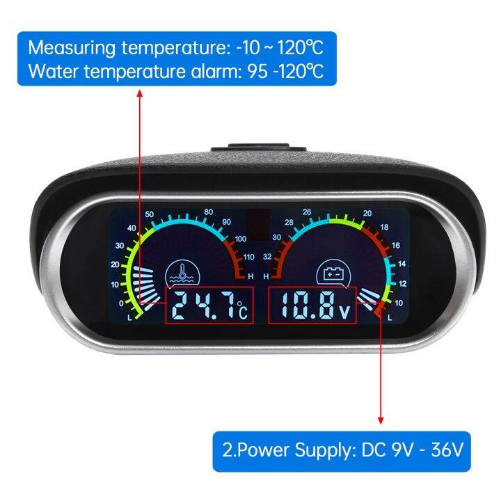 อเนกประสงค์อุณหภูมิน้ำดิจิตอลแบบ2-in-1มาตรวัดแรงดันไฟฟ้า-lcd-ติดรถยนต์เซ็นเซอร์ลบอุณหภูมิน้ำรถจักรยานยนต์อัตโนมัติโวลต์มิเตอร์10มม-12v-24v