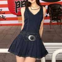 Summer Hot Girl Fashion Punk Style Retro Western Denim Skirt Heavy Metal Belt Pleated Short Denim Dress