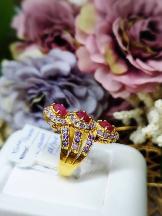 แหวนพลอยแท้-พลอยทับทิมแดงล้อมอเมทิสต์-เรือนเงินแท้-925-ชุบทอง-ไซส์-56-สวยมาก