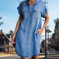 【HOT】♂✿ Denim Shirt Dresses Short Sleeve Distressed Jean Down Tunic Top