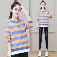 T&amp;KEM-3xl 45-100กก.ผู้หญิงStripe Tเสื้อผ้าฝ้ายแขนยาวสเว็ตเตอร์คอกลมหลวมเดซี่แฟชั่นออกแบบเสื้อลำลอง