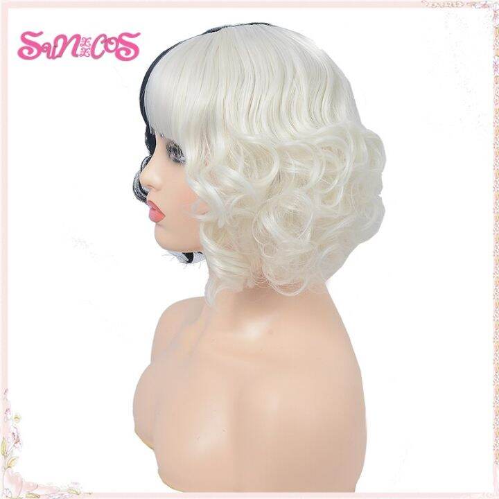 new-cruella-wigs-cruella-de-vil-short-black-white-have-bangs-hair-deville-heat-resistant-synthetic-wigs-halloween-free-wig-cap