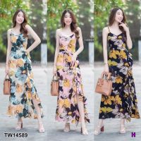 ME14589 Maxi Dress เดรสยาว สายเดี่ยวไขว้สายด้านหลัง แต่งผ้าระบายและผ่าด้านข้าง มีซิปซ่อนด้านข้าง มีโบว์เส้นเล็กผูกเอวปรับระดับได้ งานผ้าไหมอิตาลี 100D ลายดอกใหญ่ มีซัปใน แพทเทรินสวยน่ารัก พร้อมส่ง