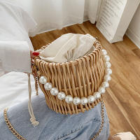 Round Woven Straw Bags for Women Summer Pearl Chain Handmade Rattan Beach Handbag Travel Bohemia Female Shoulder Crossbody Bag