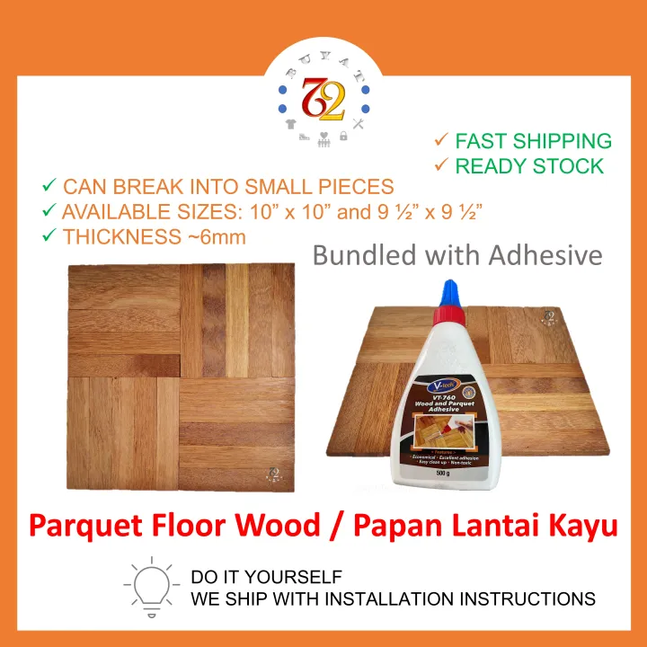 Parquet Floor Wood 10” x 10” and 9 ½” x 9 ½” bundled with Adhesive
