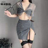 OJBK Women Sexy Office Secretary Cosplay Costumes Female Lingerie Teacher Uniform Gray Bowknot Perspective Top With Mini Skirt