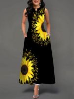 Ladies Spring Summer Long Dress Women Black Sleeveless V-neck Pockets Party Dresses Elegant Sunflower Print Casual Vintage Dress