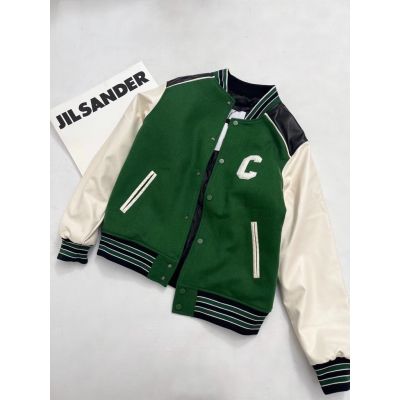 Little Red Book Ouyang Nana Same Style Big C Turquoise Green Woolen Contrast Color Baseball Uniform Cotton Matching Jacket Trendy