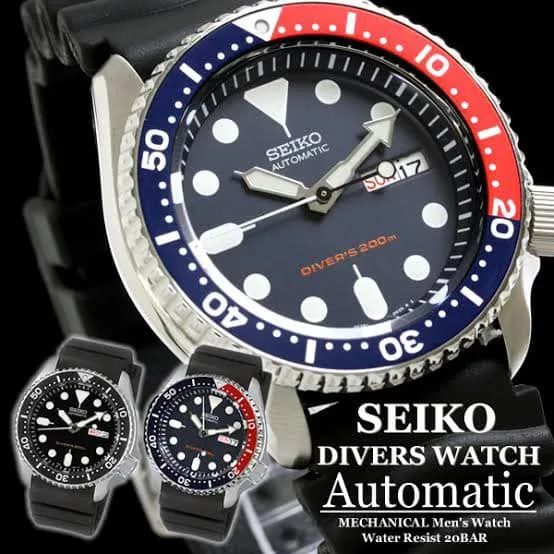 Seiko Automatic Divers Watch Day Date Display Water Resistant 200m Blue Red  Frame Black Dial Black Rubber Strap Watch for Men (Box Included) | Lazada PH