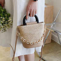 Fashion Straw Pu Splicing Straw Bucket Bags for Women 2021 Design Small Beach Shoulder Crossbody Bag Lady Travel Womens Handbag