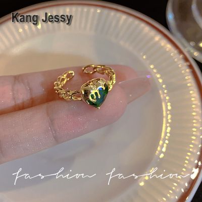 Kang Jessy แหวนหัวใจสีเขียวมรกตวินเทจผู้หญิงออกแบบเฉพาะแฟชั่นแหวนบุคลิกภาพ ins แหวนเปิดนิ้วชี้ขั้นสูง