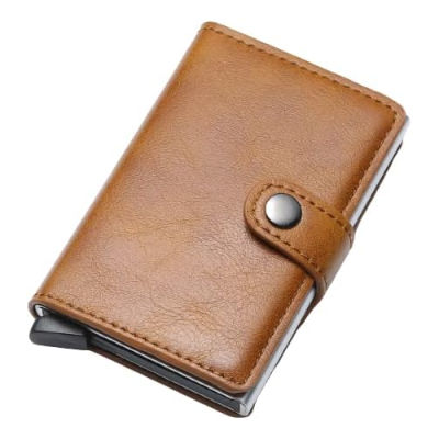 Moo Shiner Credit Card Holder RFID Blocking Leather Automatic Pop Up Wallet Aluminum Slim Pocket Bifold Business Card Case with Button (Brown)
