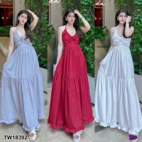 MM18392 แม็กซี่เดรสยาว สายเดี่ยวผูกคอ อกแต่งระบาย .long maxi dress Single strap, neck tie, decorated with fringe..