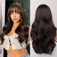 Emmor Black Brown Wigs Natural Heat Resistant Synthetic Wavy Wigs for Women Long Body Water Wave Wig with Bangs Cosplay Hair Wig Wig  Hair Extensions