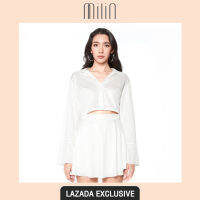 [EXCLUSIVE] [MILIN] Loose fit bell cuff long sleeve crop top  เสื้อเชิ้ต ทรงครอป แขนยาว ปลายแขนกระดิ่ง ทรงหลวม Amor Top สีชมพู/ สีขาว Pink/ White