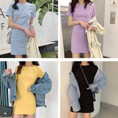 Korean Women Summer A-Line Solid Short Sleeve O-Neck Dresses
