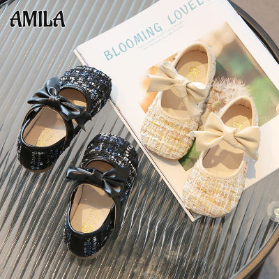 รองเท้าหนังพื้นนุ่มเด็กผูกโบว์รองเท้าแฟชั่นรองเท้าสาวน้อย AMILA รองเท้าเจ้าหญิงหนังเด็กผู้หญิง