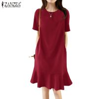 COD DSTGRTYTRUYUY ZANZEA Women Holiday Summer Short Sleeve Sundress Solid Casual Fashion Ruffles Loose O-Neck Dress