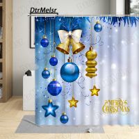 Christmas Shower Curtains for Bathroom Decor Blue Rope Ball Gold Bells Stars Creative New Year Fabric Home Xmas Wall Hanging Set