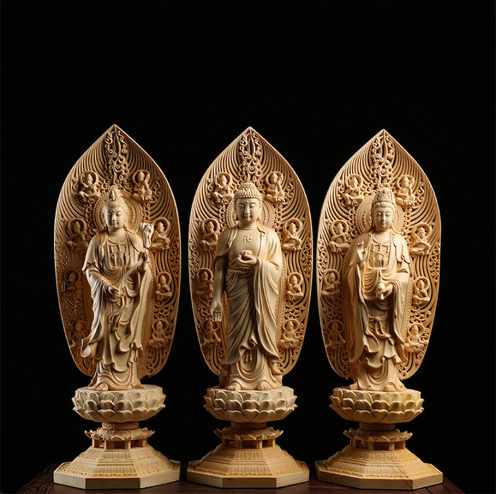 Large Amitabha Bodhisattva Guan Yin Statue 3 Buddha statue Wood Carving ...