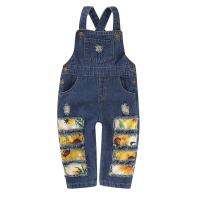 Kids Overalls Summer Baby Girl Sunflower Print Strap Jeans Hole Denim Pants