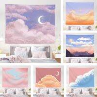 ☌ Pink Moon Tapestry Ins Hanging Cloth Background Canvas Oil Painting Dream Moon Room Decoration Tapestry Wall Covering