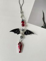 Red Dark Black Gothic Cross coffin Devil Wings Beaded Mobile Phone Pendant Ins Wind Korea Japan Y2k Strap Lanyard Subculture Phone Charms