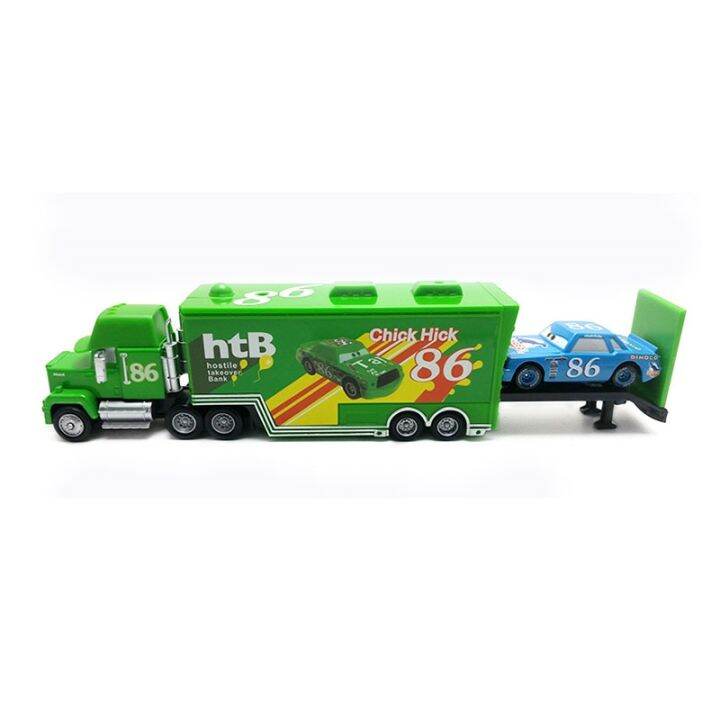 1-55-disney-cars-2-chick-hick-and-htb-dinoco-no-86-car-model-hostile-takeover-bank-mack-truck-combination-for-children-toys