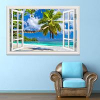 3D Window View Wall Sticker Beach Summer Beach Coconut Tree Wall Murals Removable  Poster For Living Room Kitchen Sticker