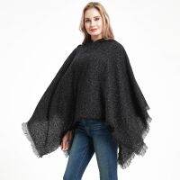 Shawl Ladies Autumn and Winter Clip Flower Pure Black Hooded Cape One Size