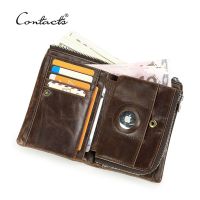 ZZOOI Genuine Leather Bifold Wallet Men RFID Card Holder with Anti-lost Airtag Design Wallet Removable Zipper Male Clutch Coin Purse