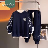 WANDER เสื้อกันหนาวเด็กโต เสื้อกันหนาวเด็กญ แฟชั่นเกาหลีปลอมสองชิ้น เซ็ตเสื้อสเวตเตอร์แขนยาว+กางเกงเด็กชาย23816