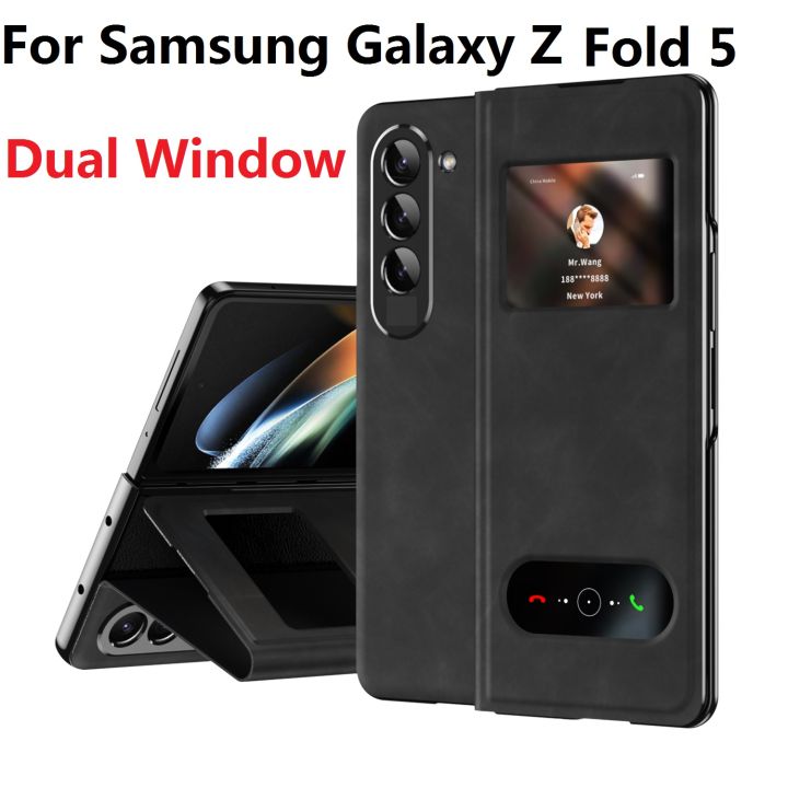 2023hotnew-r-magnetic-flip-book-สำหรับ-samsung-galaxy-z-พับ5-4-zfold5-vintage-dual-window-view-แม่เหล็กหนัง-stand-holder-coverfreeshiping