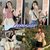 Zero shop?พร้อมส่ง?(Zero-32109) เสื้อไหมพรมแขนสั้น คอวีดีเทลแขนชีฟองระบายน่ารัก