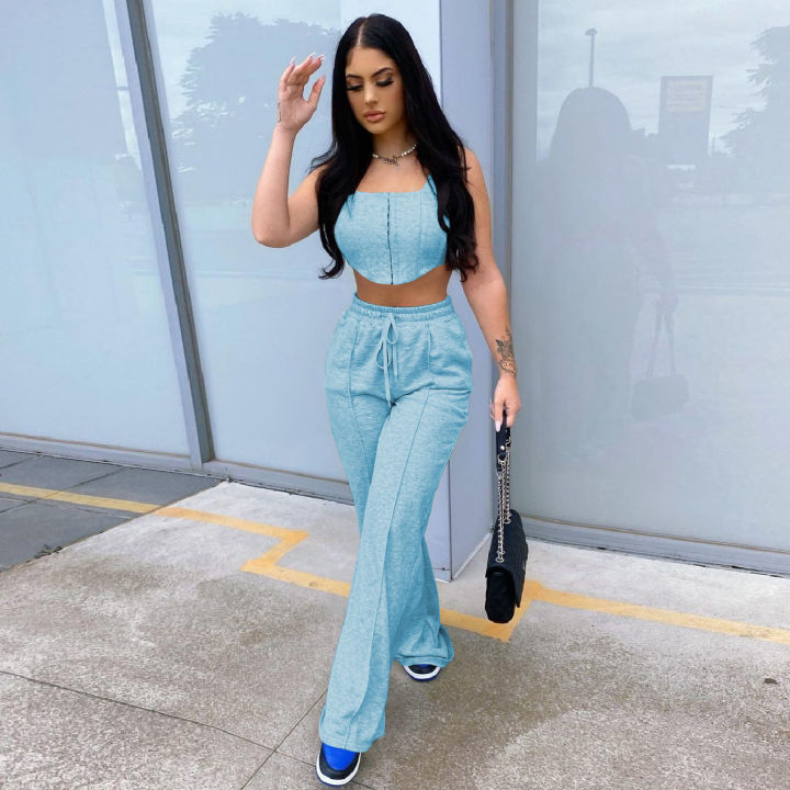 2021Women Two Piece Set Outfits Solid Sexy Sleeveless Corset Top Loose Casual Sweatpants Jogging Drawstring Sporty Pants 2021 Summer